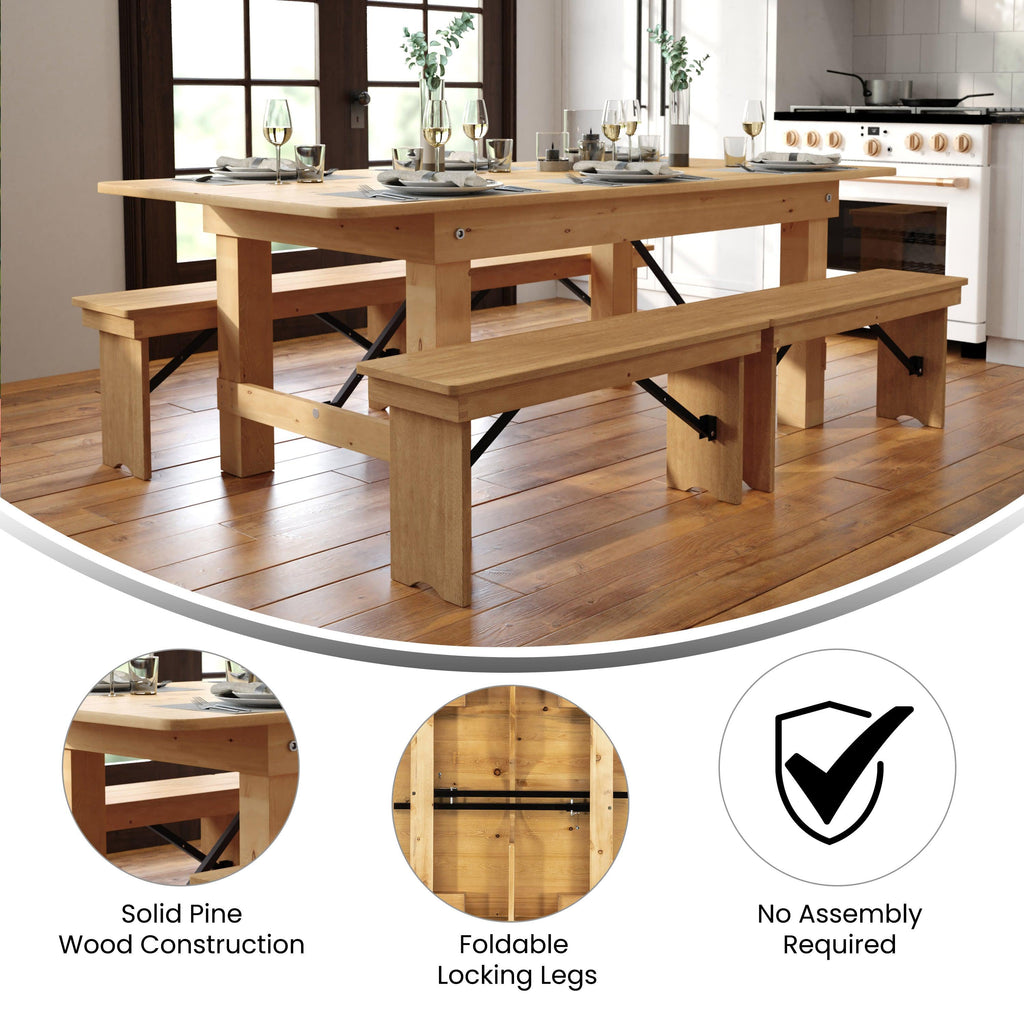 FLASH HERCULES 7' x 40" Rectangular Solid Pine Folding Farm Table